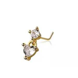 CZ Crystal Gem with Dangling Heart L-Bend Nose Stud - 316L Stainless Steel