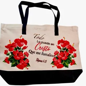 Personalized Fabric Tote Bag with Floral Design - Reusable Christian Message "Todo Lo Puedo en Cristo"