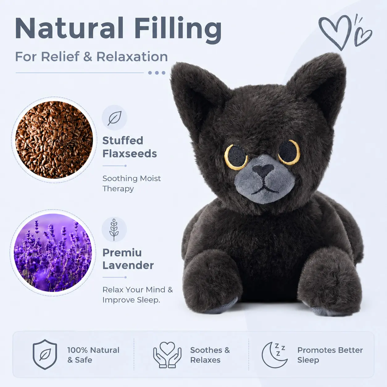Microwavable & Weighted Cat Stuffed Animal, Heatable & Coolable Huggable Lavender-Scented Plush Toy for Period Cramps, Pain Relief & Anxiety, Soft Cat Gift for Boys, Girls, Babies & Toddlers（Black） Soft Cuddly Gift Cute Stuffies