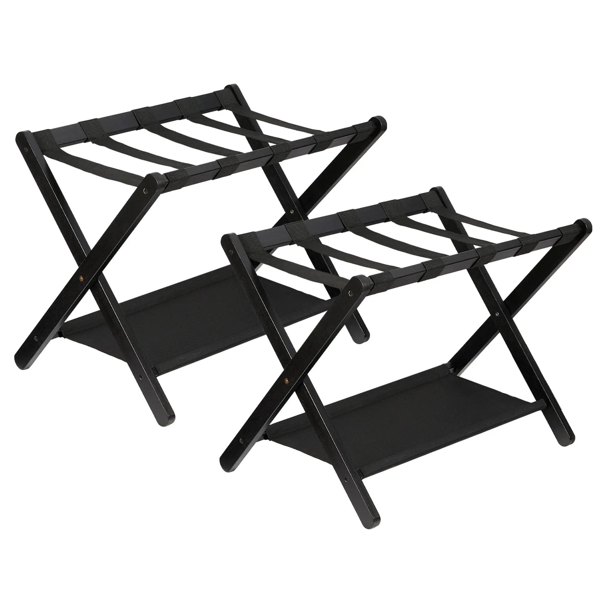 Garvee Premium Bamboo Folding Luggage Rack with Storage Shelf and Nylon Straps, Holds Up to 110 lb, Fits Most Suitcases, Ideal for Bedrooms, Living Rooms, and Hotels, Black