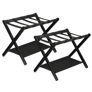 Garvee Premium Bamboo Folding Luggage Rack with Storage Shelf and Nylon Straps, Holds Up to 110 lb, Fits Most Suitcases, Ideal for Bedrooms, Living Rooms, and Hotels, Black