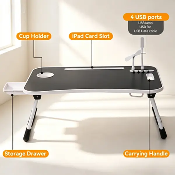 Foldable Laptop Bed Table, Portable Lap Desk with 4 USB Ports, Cup Holder and Storage Drawer, Multipurpose Desk for Bed Sofa Working Reading