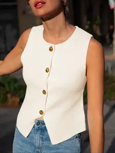 Women's Solid Color Sleeveless Knit Vest, Casual Fashion Gold Button Down Top for Summer, Fashion Women's Knitwear for Daily Wear, Womenswear