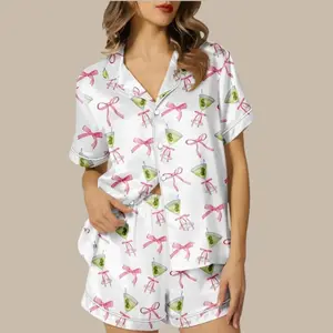 Satin Martini Cocktail Bow Pajama Set - Bachelorette Party Sleepwear - Women's Novelty Golfer Sport Sleepwear Soft & Breathable Summer Sleepwear for Women
