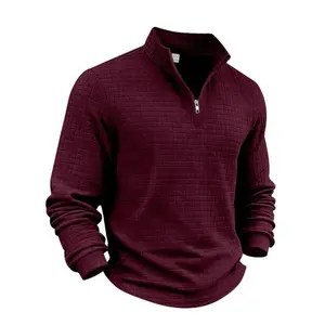 Men's autumn and winter solid color waffle weave pullover sweatshirt, regular style leisure zipper placket long sleeve knitted sweater, men' outdoor sports clothing, S-3XL