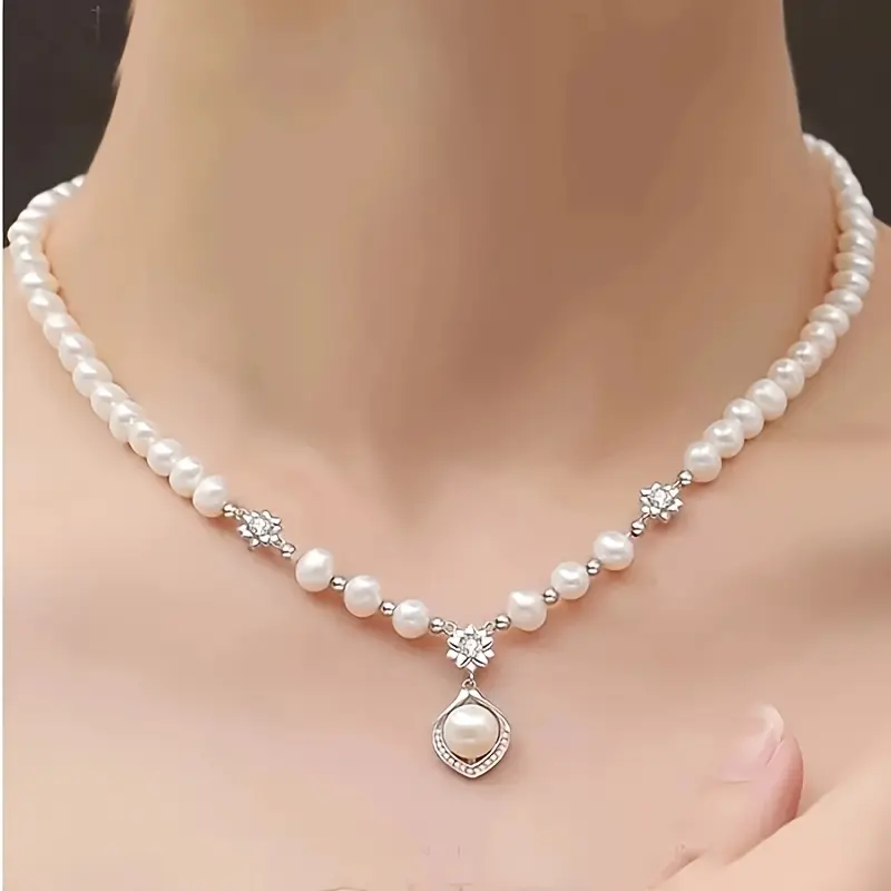 Women's 925 Silver Vintage Flower Motif Clavicle Necklace - Hypoallergenic Chain with Freshwater Pearl Pendant, Rhinestones Accent, Ideal for Casual Daily Wear, Easter Gifts