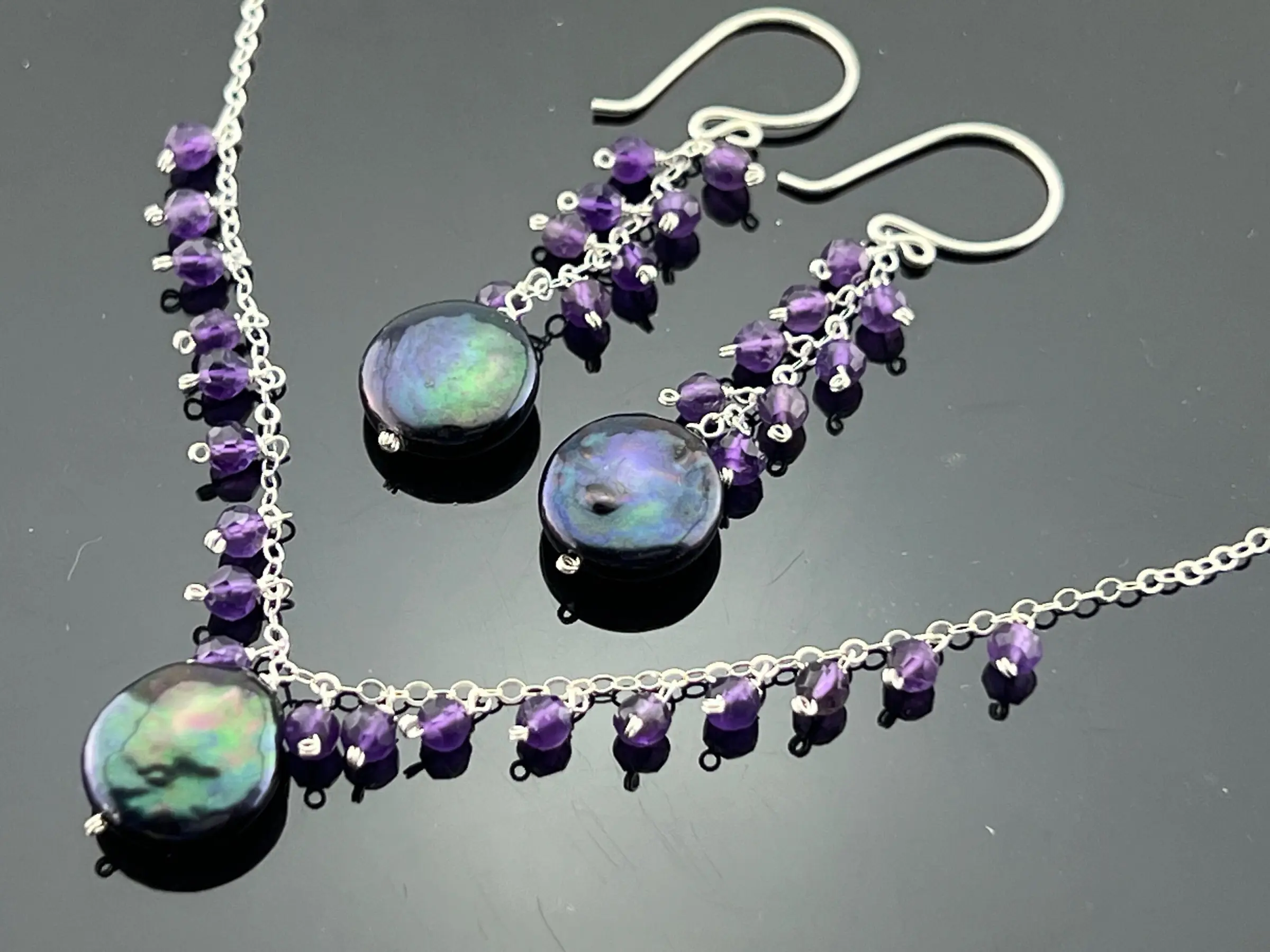 Black Peacock Coin Pearls Amethyst · 14K Gold Filled or 925 Sterling Silver · Earrings & Necklace Set · Gift for Her · Gemstone Jewelry