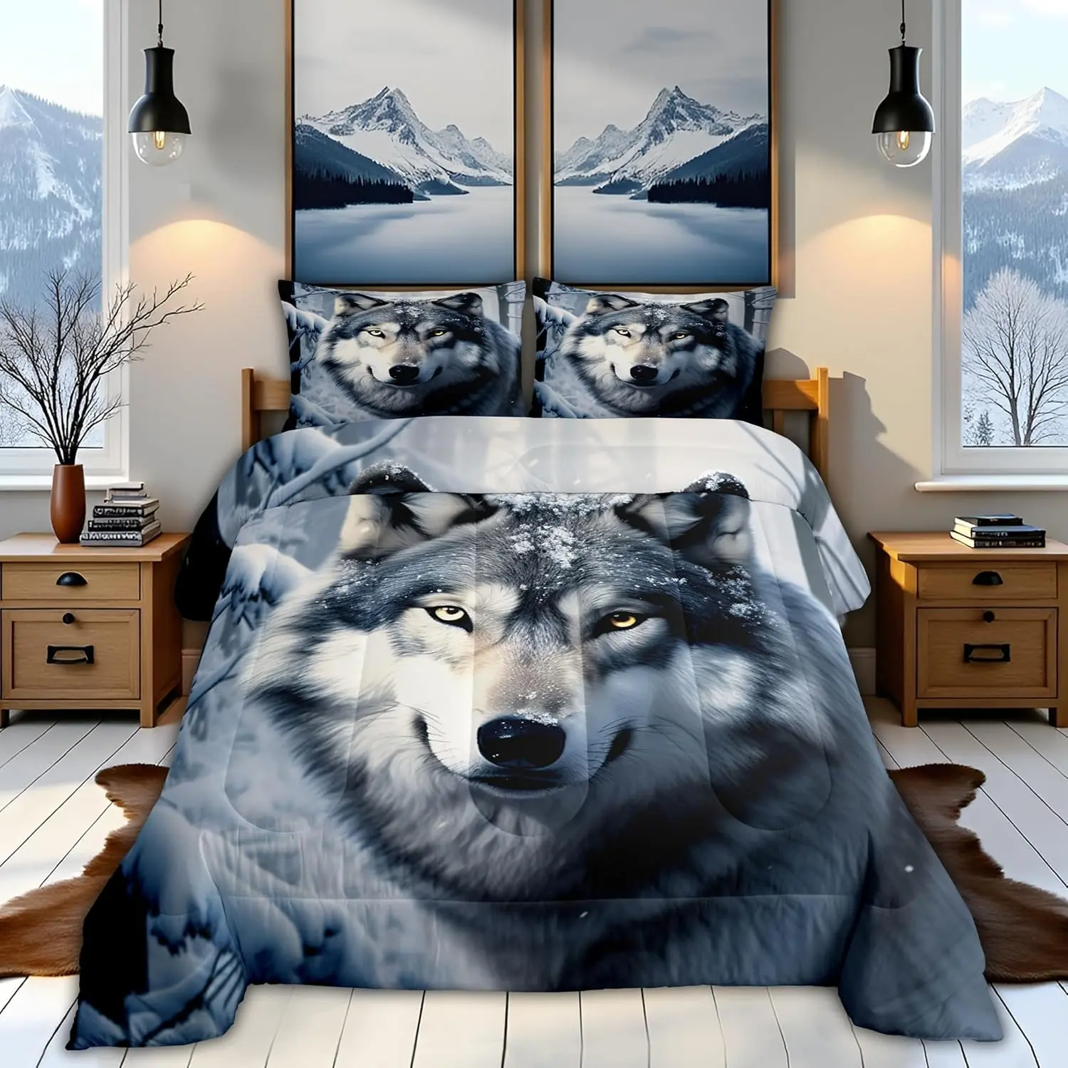 Feelyou 3D Printed Wolf Bedroom Bedding Set - Nature Wild Animal Quilt, Winter Snow View Kids Bedding, Home Decor Queen Bedding, Bedding Queen Sets