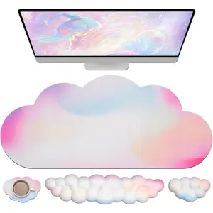 Large Cloud Mouse Pad Waterproof with Cloud Keyboard Wrist Pad and Cloud Mouse Wrist Pad Set, Ergonomic Computer Desk Wrist Support Mousepad For Keyboard and For Mouse 35.4x15.7in Rainbow