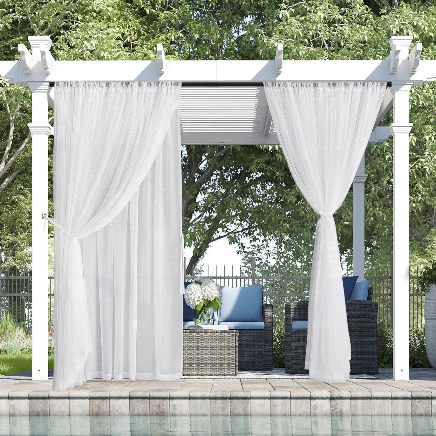 Outdoor Sheer Curtains for Patio, 2 Layer Voile Sheer  Added Light Filtering  Curtains for Porch Yard Pergola Balcony, W 54 x L 84 inches, White, 2 Panels Set