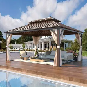 12'x16' Sturdy Hardtop Gazebo with Powder-Coated Rust-Resistant Hardtop, Double Roof Galvanized Steel Canopy, Outdoor Aluminum Frame Permanent Metal Pavilion with Netting and Curtains for Patio Backyard Deck and Lawns