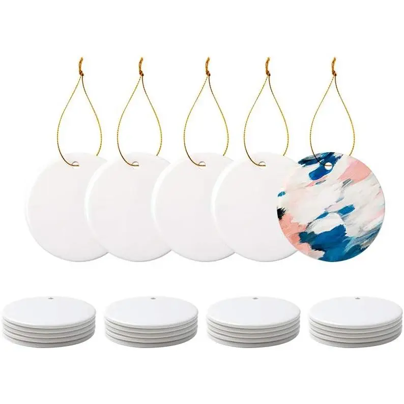 PYD Life 25 PCS Sublimation Ceramic Ornaments Bulk White 2.75 Inch Round Blank with Gold String for Crafting DIY Personalized Christmas Home Decor Bulk