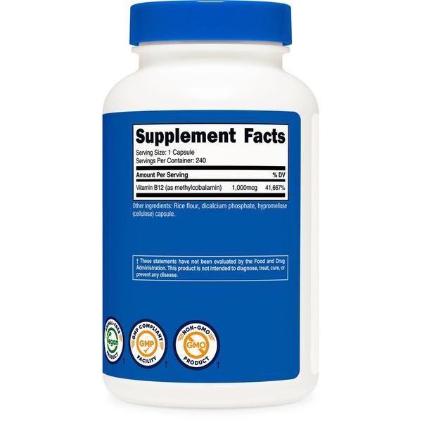 Nutricost Vitamin B12 (Methylcobalamin) 1000mcg, 240 Capsules - Non-GMO
