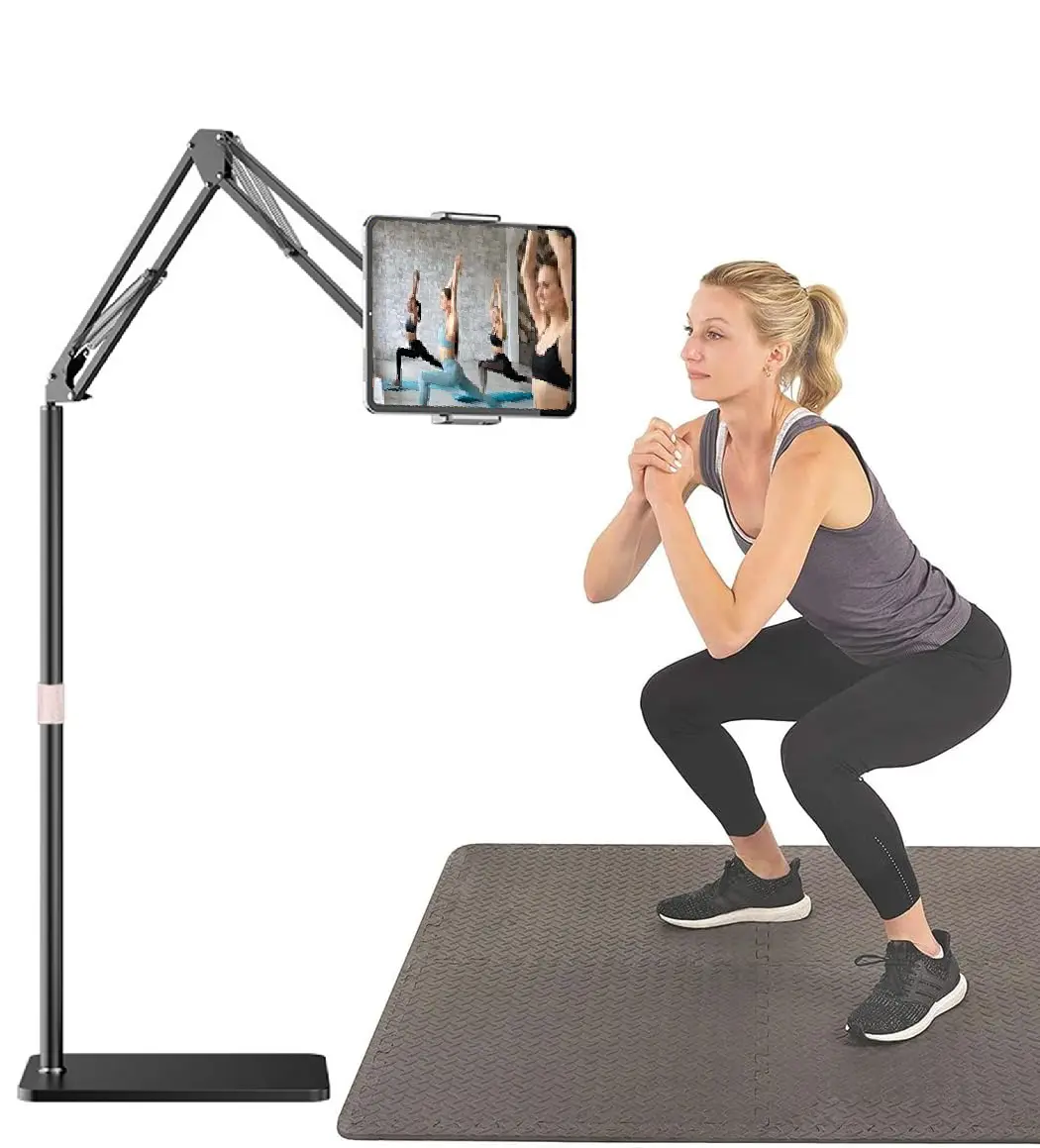Tablet Floor Stand With Weight Base, Overhead Bed Phone Mount Height Adjustable Arm Stretchable Stand Holder, Compatible With For 4.5''-10.2'' Tablet