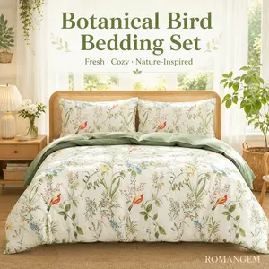 ROMANGEM Botanical Bed Comforter Set, 3 Piece Floral Duvet Cover Set with 2 Pillowcases, Cottagecore Bird Flower Bedding for Girls Bedroom Decor daddy daughter deco memorial day sale