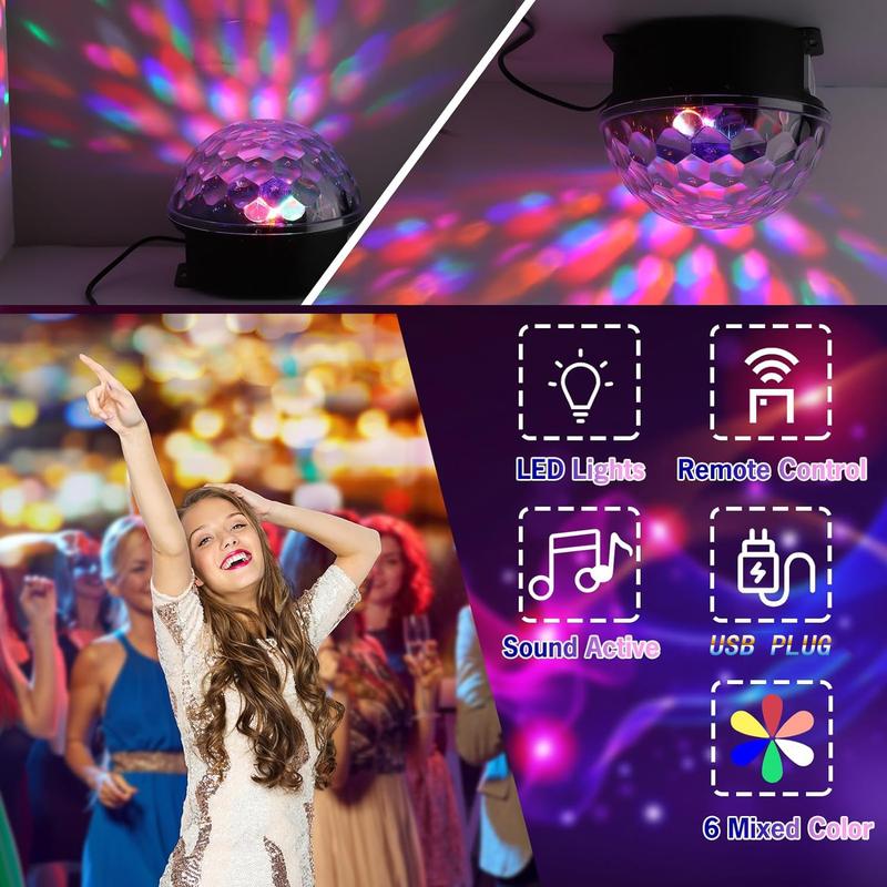 USB Low Voltage Power Cord Powered 6LED Disco Ball Lights with Sound Activation DJ Party Lights for Parties, Birthday Parties and Holidays