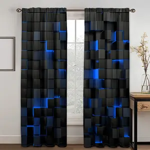 2 pieces, retro style 3D blue geometric printed curtains, artistic theme, pole pocket style, semi sunshade polyester fiber, suitable for home living room, bedroom, balcony, kitchen, study and shower window decoration, anti privacy, easy to clean.