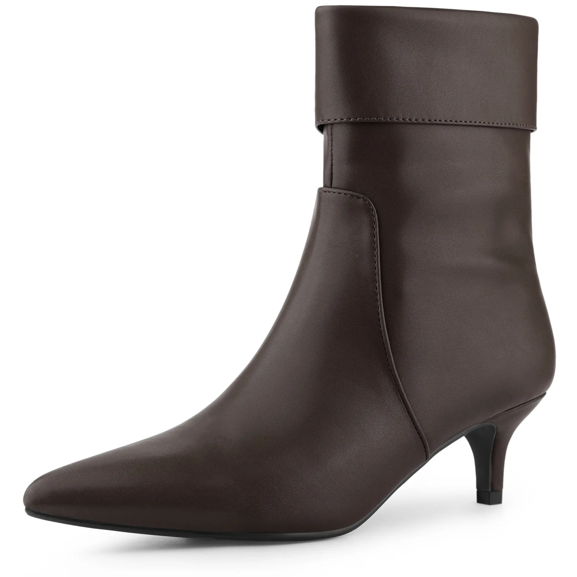 BLISSFUL STEP Pointed Toe Fold Over Kitten Heels Ankle Boot
