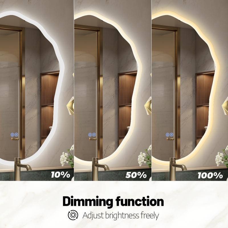 Irregular Shape Frameless Lighted Bathroom Vanity Mirror Backlit Front Lit Dimmable Anti Fog Wall Mounted Modern Design