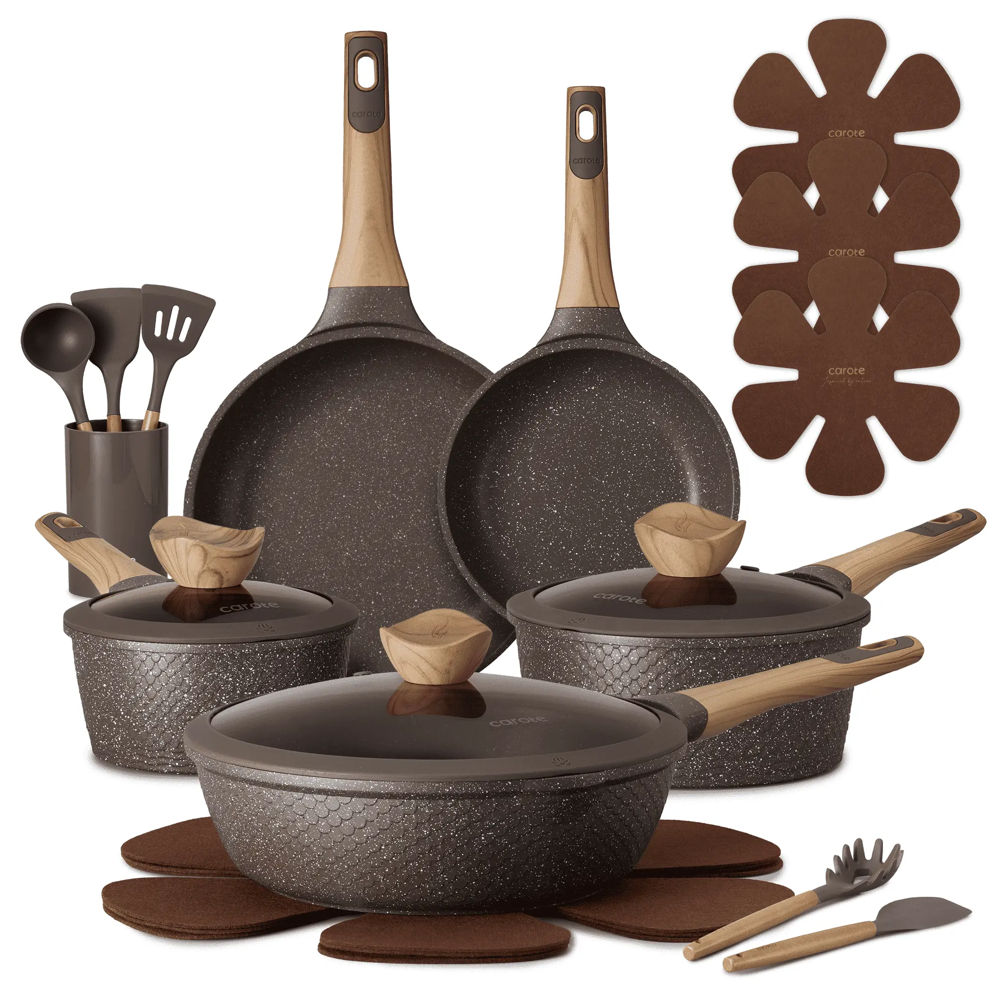 CAROTE 18-Piece Nonstick Pots and Pans, Granite Cookware Set with Kitchen Utensils, Brown