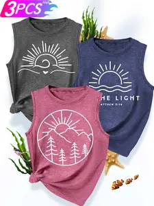 Women's 3Pcs Crew Neck Tank Tops, Sunrise Wave & Mountain Forest Line Series Print, Multiple Colors Available, Machine Washable, Spring & Summer Tops, Soft Skin-Friendly Fabric, Daily Versatile, Fashion Design