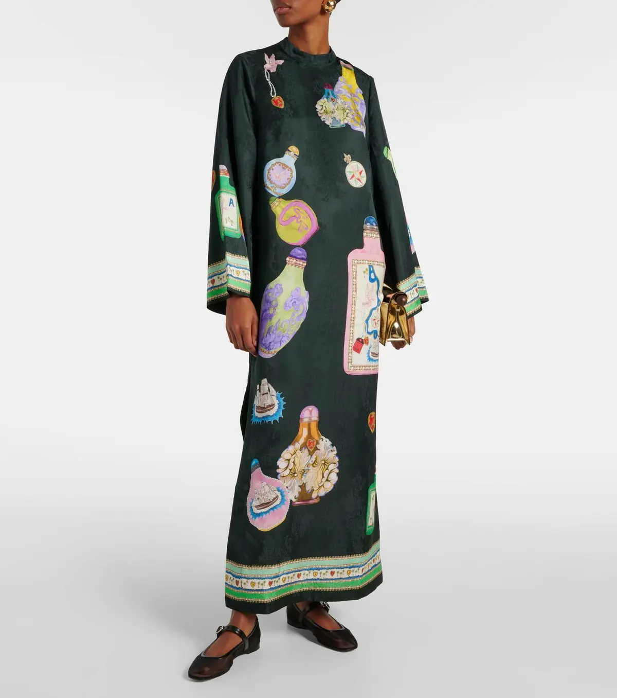 Women's Elegant Jacquard Woven Vintage Drape Mock Neck Maxi Dress - Colorful Geometric Artistic Perfume Bottle Print, Long Wide Bell Sleeves, Kaftan Tunic, Side Slits, Casual, Zipper, Chic, Jacquard Fabric
