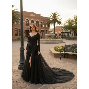 Rachael A-Line Black Wedding Dress with A Slit And Illusion Sleeves
