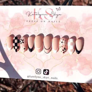 Black and White Checkered Flower French Tip Rubber Base Gel Press On Nails
