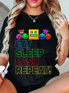 100% Cotton Unisex Eat Sleep Dash Repeat Video Game Geometry Video Gamer Lover T-Shirt Casual Top