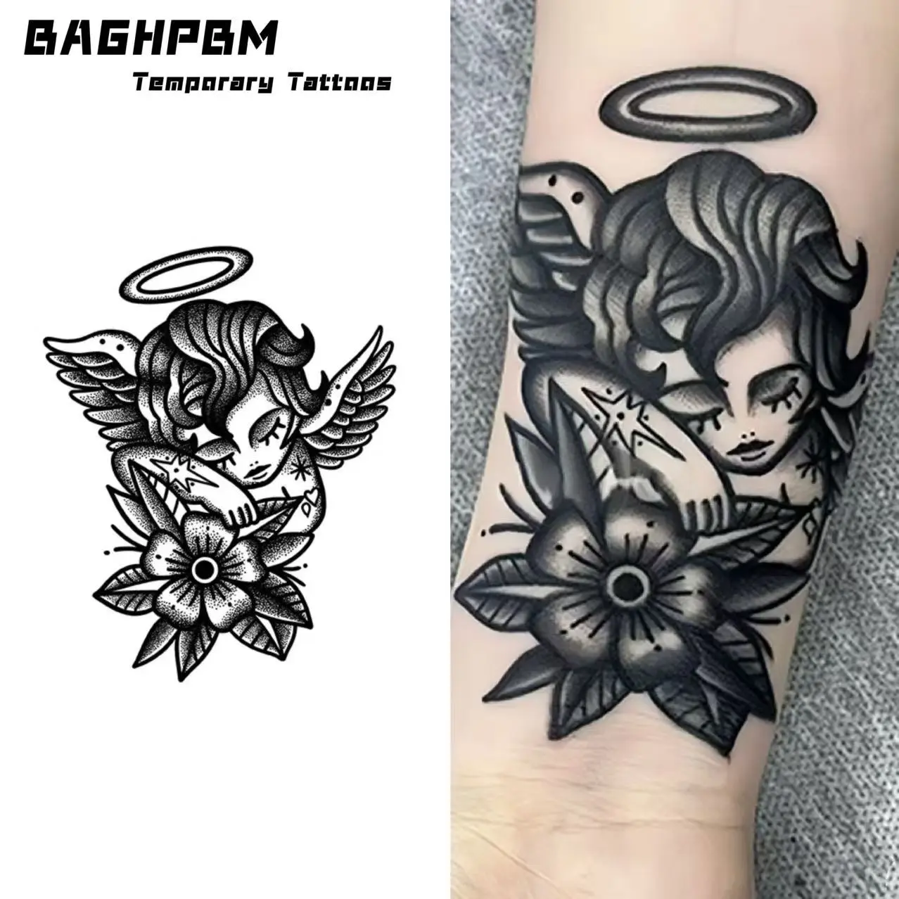 BAGHPBM Temporary Tattoos,Set of 4 herbal-themed temporary tattoos for arms, wrists, calves, and waist; “Sleeping Angel” temporary tattoos; herbal semi-permanent tattoos