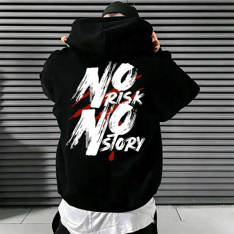 NO RISK NO STORY Hoodie Sweatshirt – Double-sided print with graffiti strokes; small front logo and large back print; motivational streetwear design; unisex oversized hoodie [Runs small—order one size up]