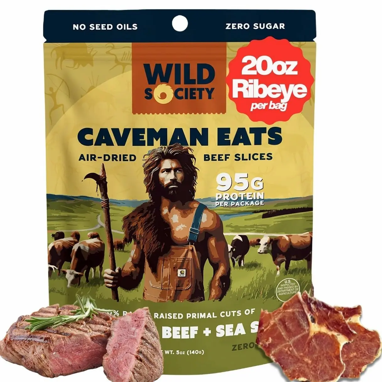 Wild Society - Caveman Eats - Grass Fed Ribeye Steak Slices - 95g Protein - Only Steak & Salt - 2 Ingredients - Air dried Beef Jerky Carnivore Snacks Crisps - Sugar Free, Gluten Free, Keto, Paleo (5oz)