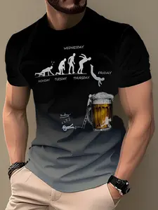 Men'S Humorous 3D Printed Beer Evolution Graphic T-Shirt - Monday to Friday Human Evolution Design, Gradient Blue/Black Casual Short Sleeve Top, Durable Digital Printing for Summer Outdoor And Daily Wear, Fun Style, Machine Washable Plus Size Shirt