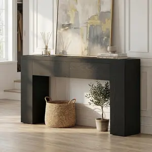 63 Inch Farmhouse Console Table, Black Entryway Desk with 2 Drawers, Sturdy Structure Easy Assembly, Home Furniture Matched with RGB LED Floating TV Stand