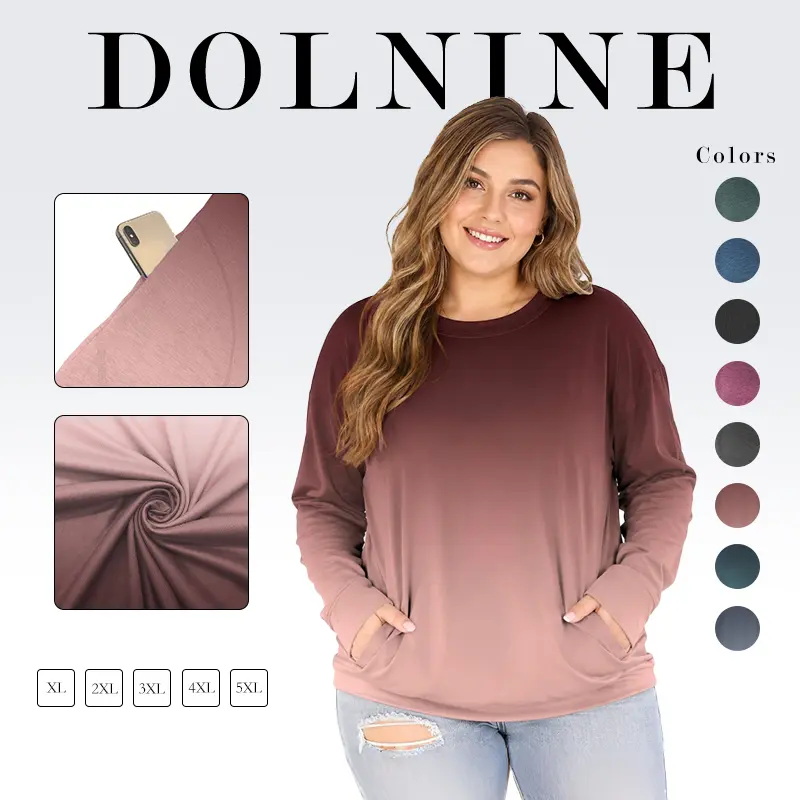 DOLNINE Women's Plus Size Cotton Crew Neck Long-Sleeve Stretchy Casual Tunic Shirts with Pockets - Cute All Over Print Soft Sweatshirts, Cold Wash/Dry Clean Tops (RPS2004)
