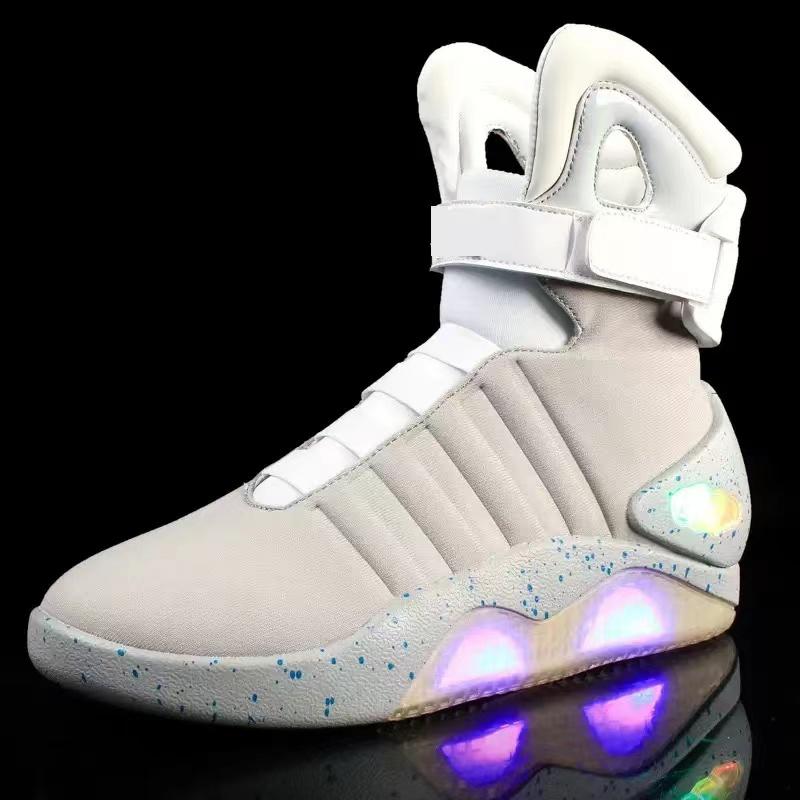 Stylish White USB-Rechargeable Glow-in-the-Dark High-Top Sneakers with Neon Lights & Stripes for Street Dancing & Nighttime Exercise back  to  the  future  shoes