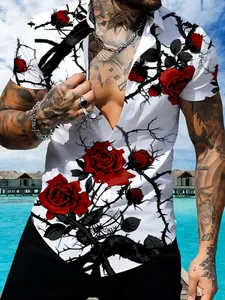 Men's Floral Printed Short Sleeve Shirt, Summer Trendy Casual Shirt, White Rose Pattern Top