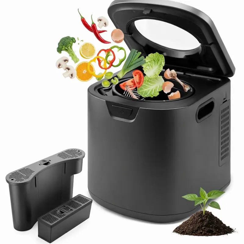 Lumi Nest 4-Quart Electric Indoor Kitchen Composter - Smart Countertop Bin with 2 Odorless Carbon Filters, 3 Volume-Based Modes (Small, Medium, Large), Gray