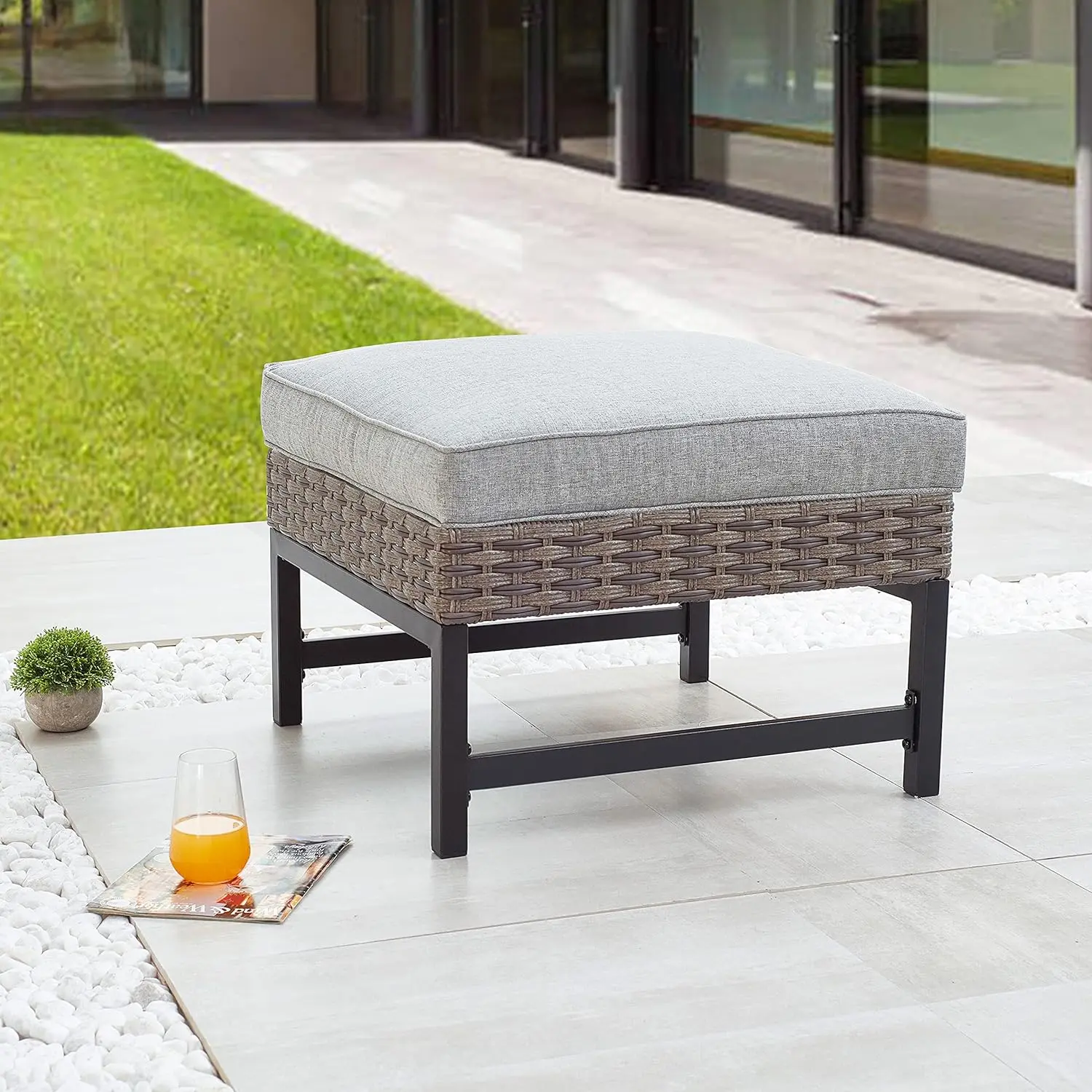 LOKATSE HOME Patio Ottoman Wicker Foot Rest Seat with Cushion for Garden Backyard Lawn Deck