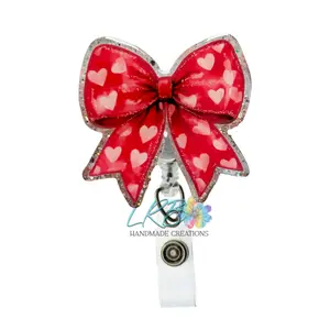 Red Heart Coquette Bow Badge Reel - Handmade Valentine's Day Badge Clip, Made to Order Retractable Badge ID Holder, Badge Accessory for Nurses, Healthcare Workers, Teachers, Office Staff