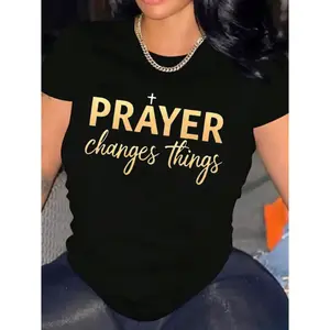 Prayer Changes Things Graphic Tee Women Short Sleeve Cotton T Shirt Faith Christian Inspirational Quote Top Casual Everyday Streetwear Outfit Gift