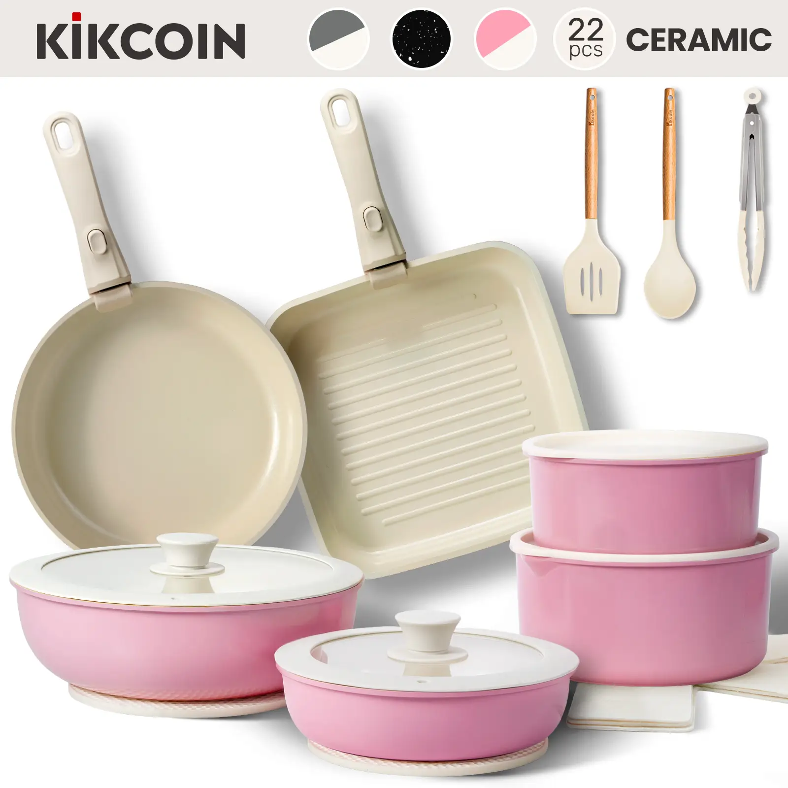 [Game-changer]Kikcoin Non-Toxic Nonstick Ceramic Pro 22pcs pots and pans set complete Cookware Set with Lids,Detachable Handle,PFAS-Free,Dishwasher Ov