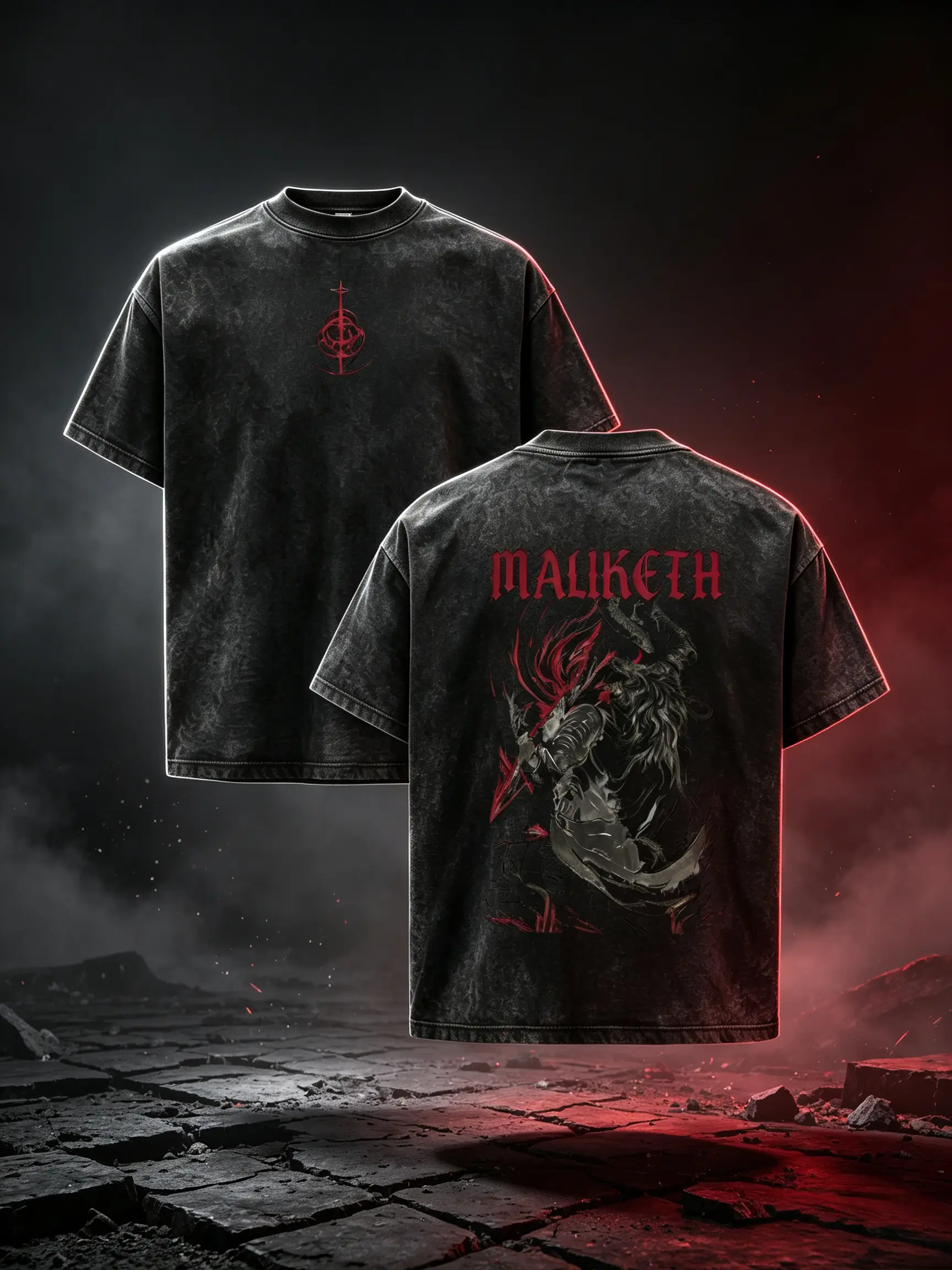 Elden Ring Maliketh The Black Blade Vintage Acid Wash Oversized T-Shirt Front Red Rune Symbol Back Maliketh Warrior Flame Graphic Distressed Black Unisex Cotton Crewneck Game Tee Gift For Elden Ring Fans Dark Fantasy CasualStreetOutfit cotton graphic tees