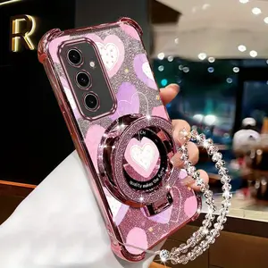 S24 FE Durable Transparent Magnetic Glitter Pearl Strap Lanyard Phone Holder Case For Compatible With Samsung Galaxy S24 FE Full of Cute Pink Hearts Stand Cover