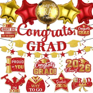 20pcs Graduation Decorations 2026, 1pc Glitter Congrats Grad Banner ,14pcs Class of 2026 Hanging Swirls and 5pcs Foil Balloon Red and Gold Graduation Decorations 2026 for Class of 2026 College Graduations Party Decorations Set
