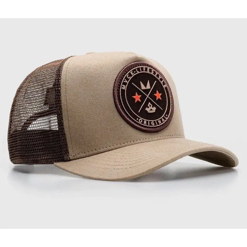 Unisex Black Mesh Trucker Hat with Brown Embroidered Patch, Adjustable Snapback Cap