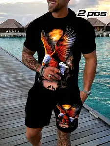 Men's Summer Two-Piece Set, Tropical Digital Pattern Printed Fashion, Short Sleeve Round Neck T-Shirt & Drawstring Shorts with Pocket