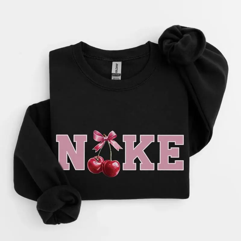 MXZDFKD SHOP Women's Pink Cherry Bow Sweater – Vintage Cotton Pullover, Stylish Classic Fit, High-Quality Print, Ideal Birthday Gift. Womenswear Apparel
