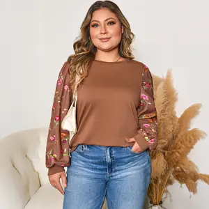Plus Size Floral Long Sleeve Top Crew Neck Plus Blouse Fall Outfit