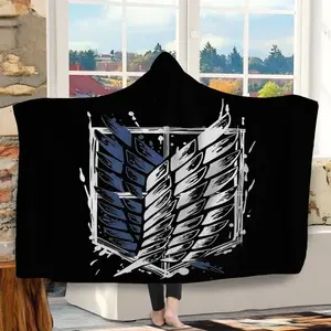Attack on Titan Freedom Wing Ink Pattern Cozy Hooded Blanket, Digital Print Flannel Throw, Soft Warm Blanket for Sofa Home Leisure Air Conditioning Nap Camping Travel